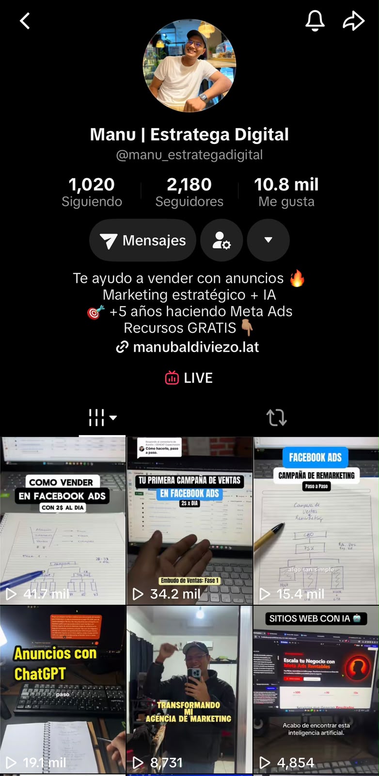 Perfil de TikTok de Manu Baldiviezo, estratega de DÚO
